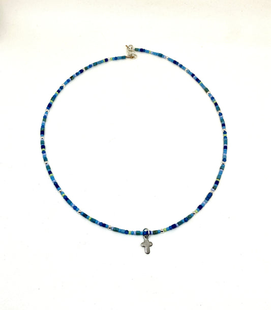 Mediterranean inspired mixed blue beaded necklace