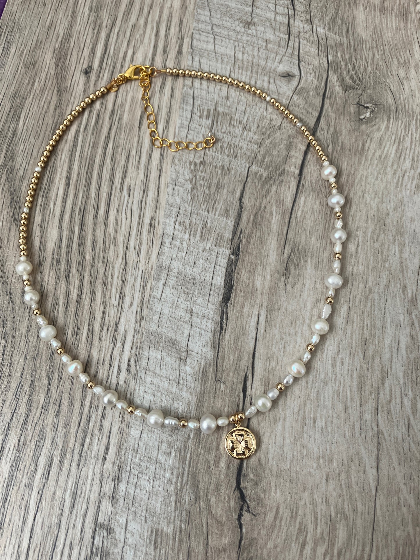 Lucky Gold and pearl clasp necklace with 4 leaf clover charm