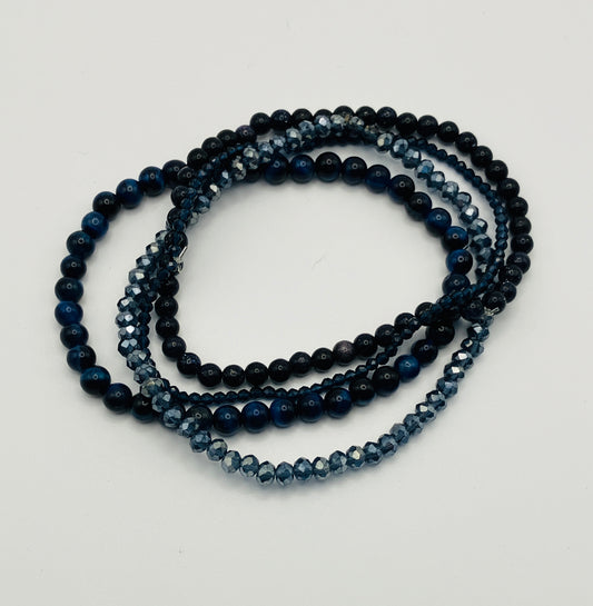 Dark Blue, Black Gray beaded bracelets set