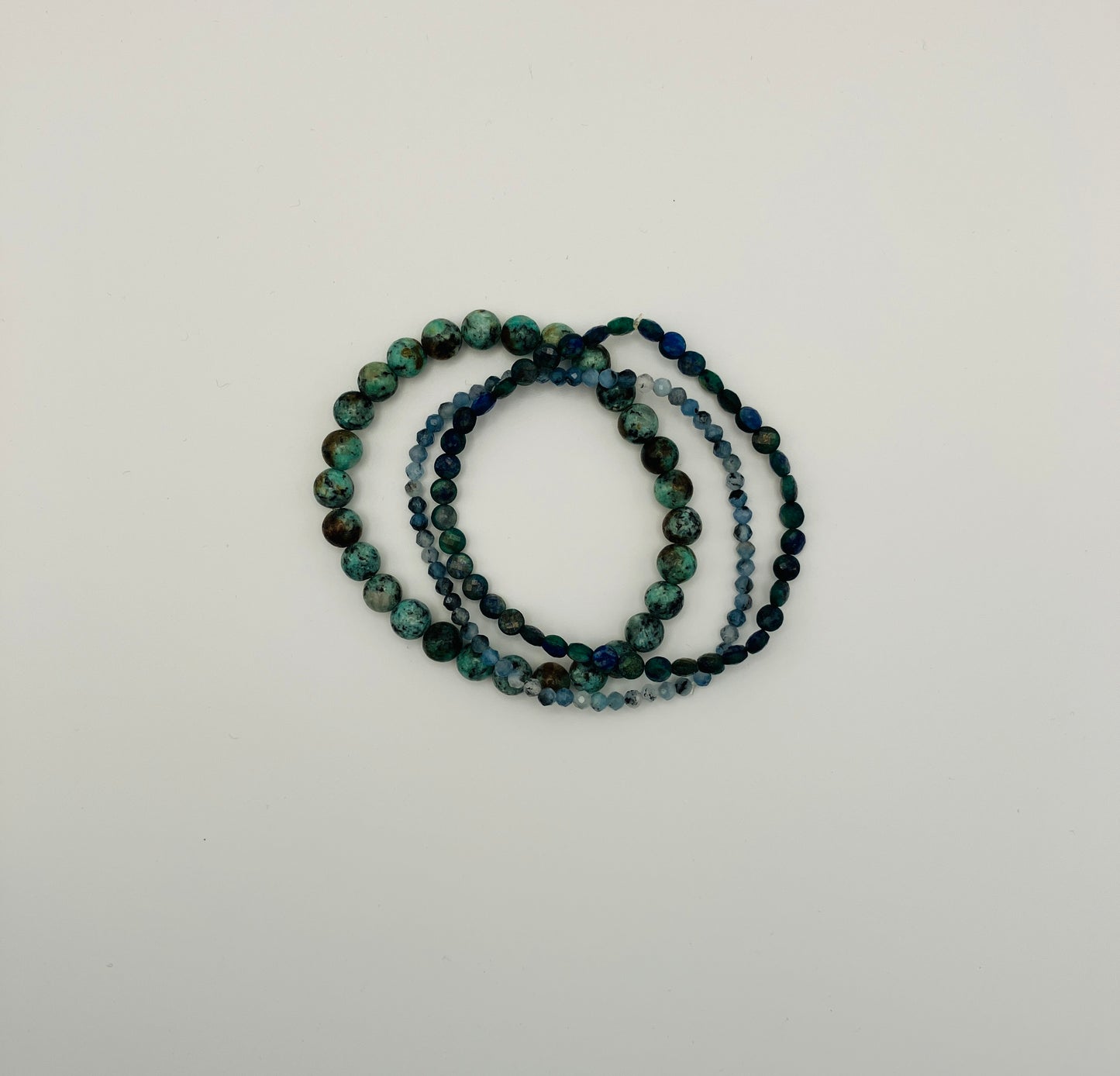 Layering bracelets, semi-precious stone beads, green and blue