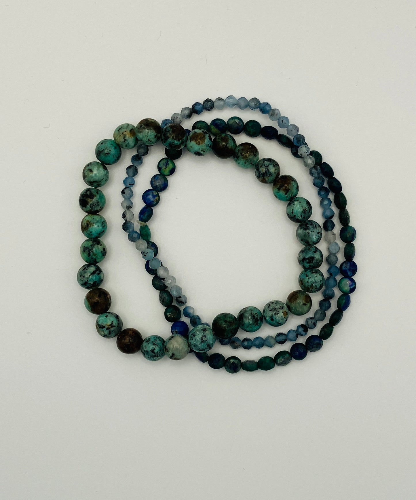 Layering bracelets, semi-precious stone beads, green and blue